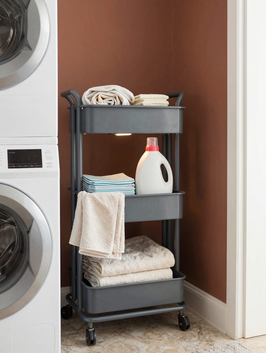 Stylish laundry cart with shelves and wheels, holding laundry supplies, showcasing mobile organization in a laundry room r...