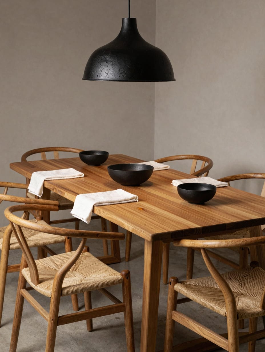 A teak dining table with woven cord chairs in a minimalist dining room.