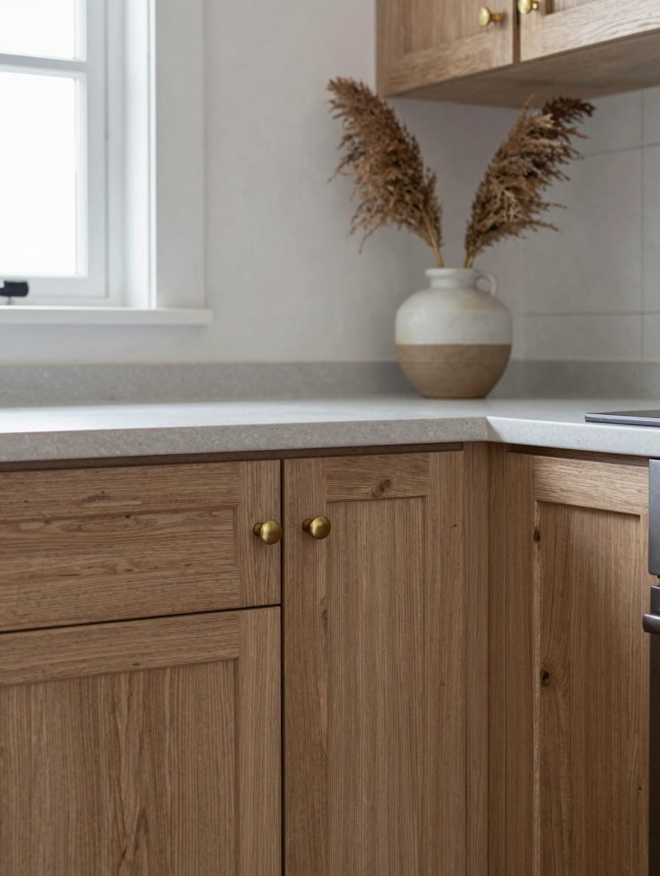 Modern kitchen with warm-toned woodgrain cabinets and a light wood island.