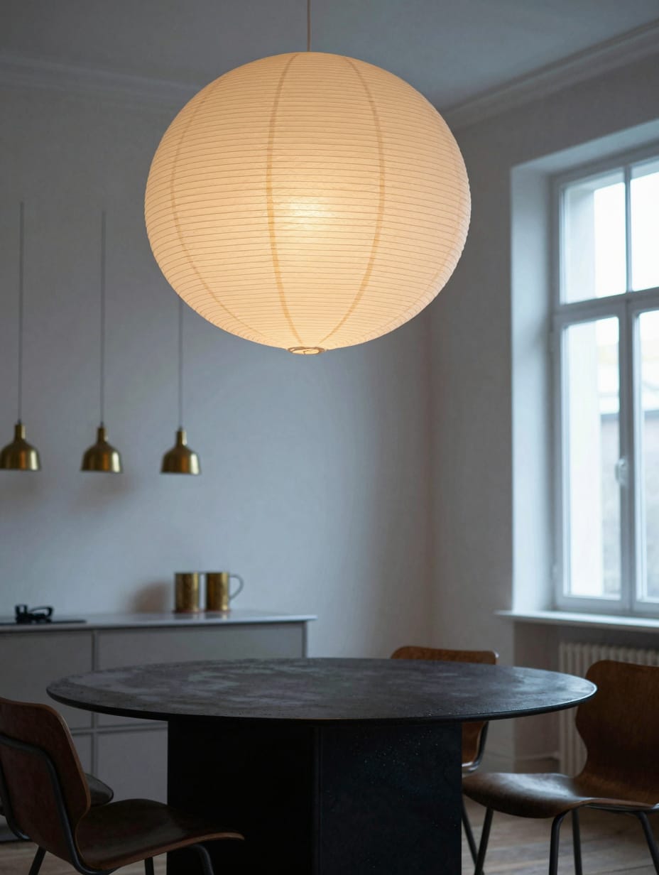 Large brass chandelier hanging over a modern seating group in an open floor plan.
