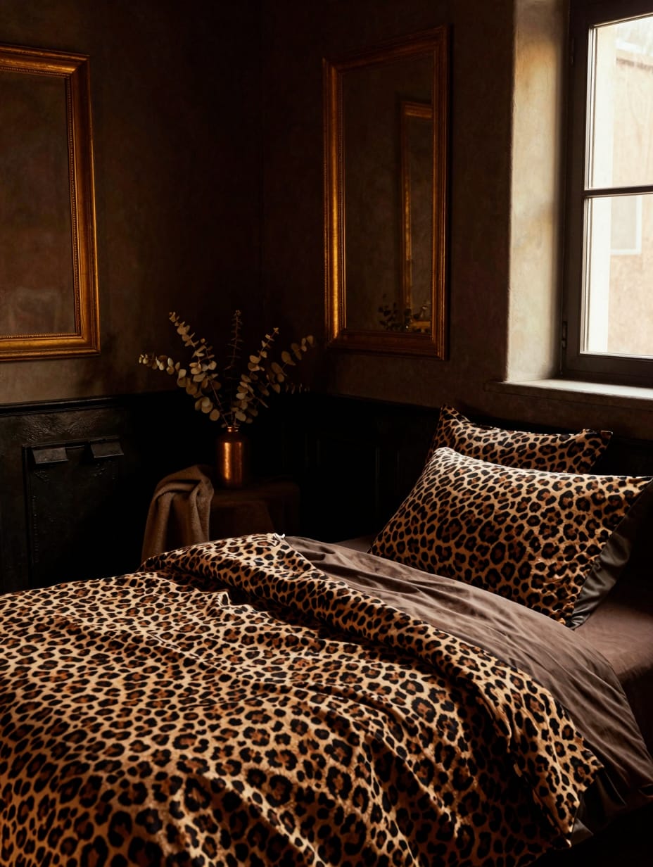 A luxurious bedroom featuring sepia-toned leopard print wallpaper and textiles, exuding a chic, maximalist vibe.