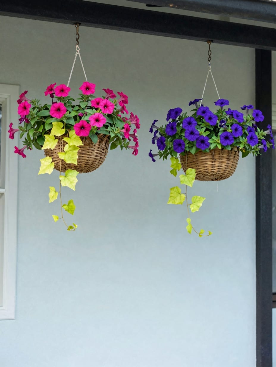 Hanging basket overflowing with purple and pink petunias on a porch.
