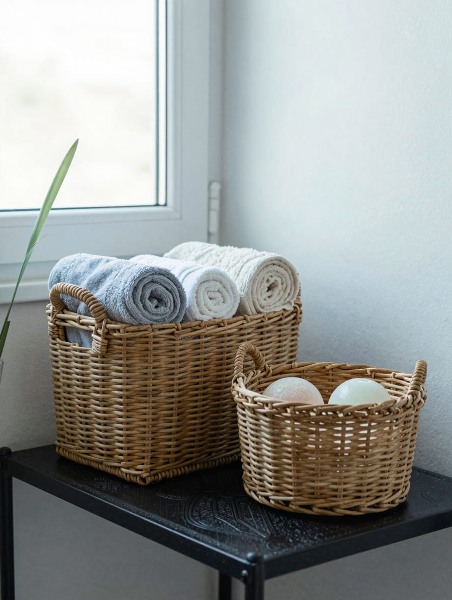 A small woven sea-grass basket holding rolled white hand towels on a bathroom shelf.
