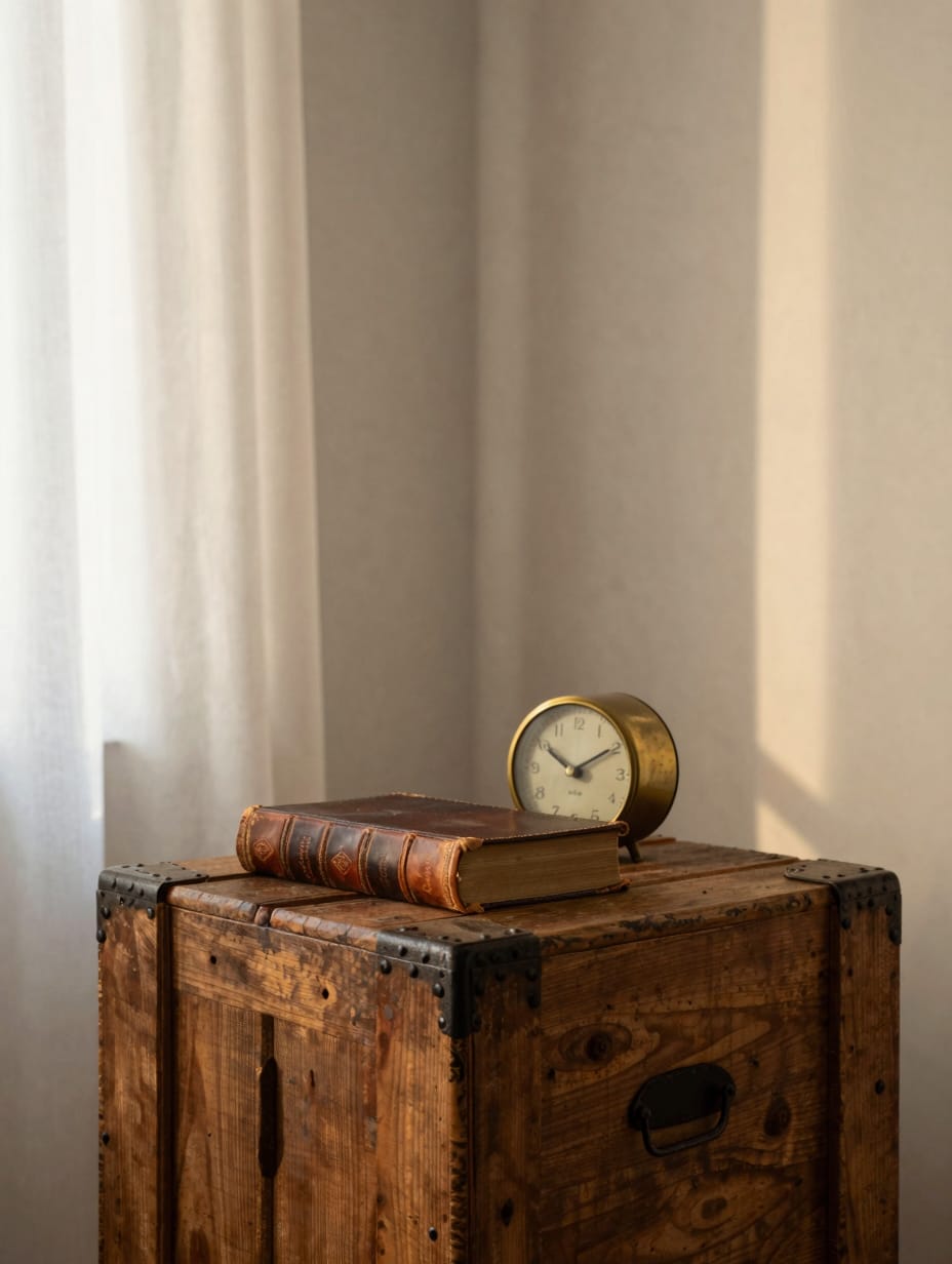 A collection of vintage items including a distressed wooden crate and an antique metal lantern on a rustic shelf.