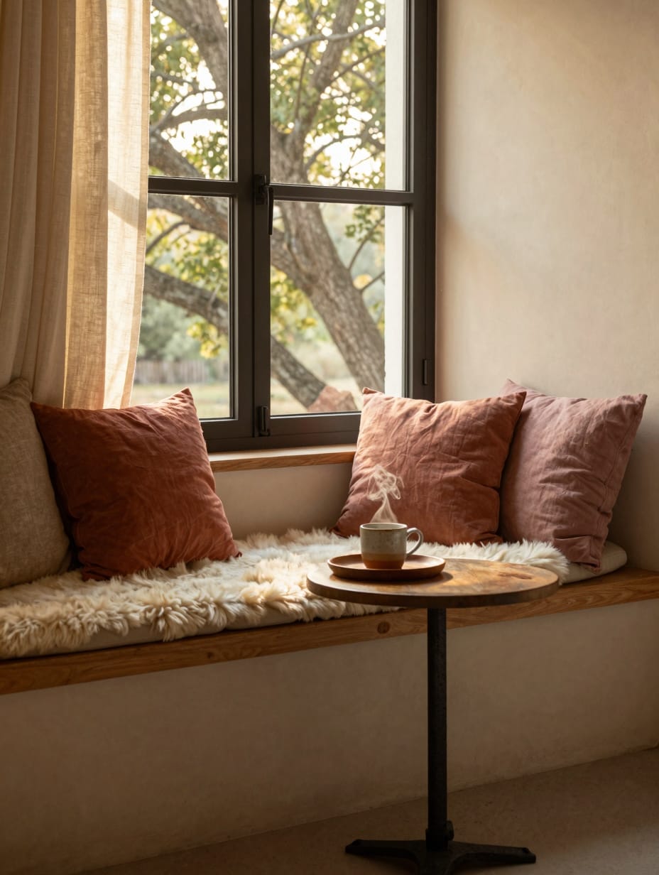 Built-in window seat with gray cushions and storage drawers underneath.