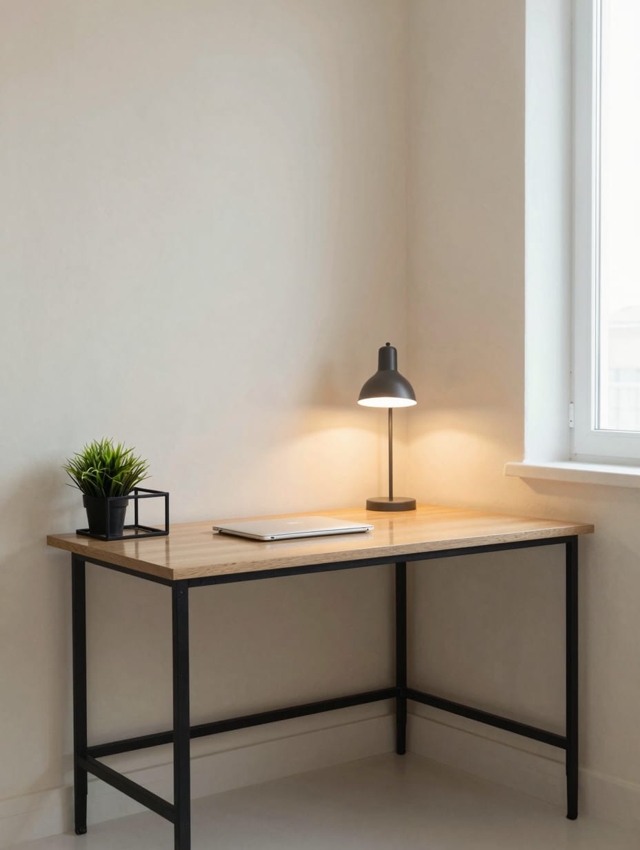 A compact, light wood L-shaped corner desk with a small office chair tucked into a bright room corner.