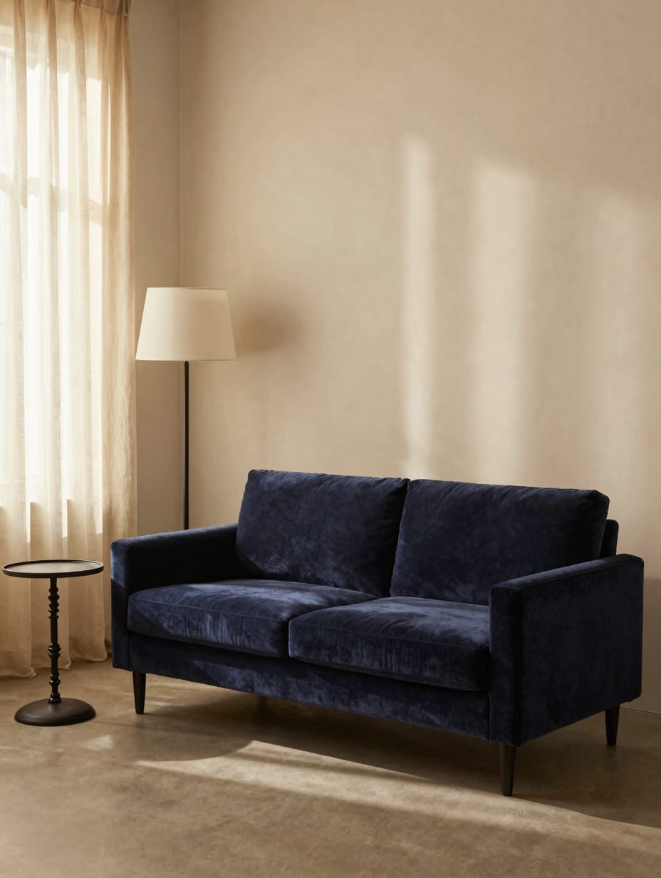 Small, cozy living room with a two-seater sofa, a slim coffee table, and an armchair.