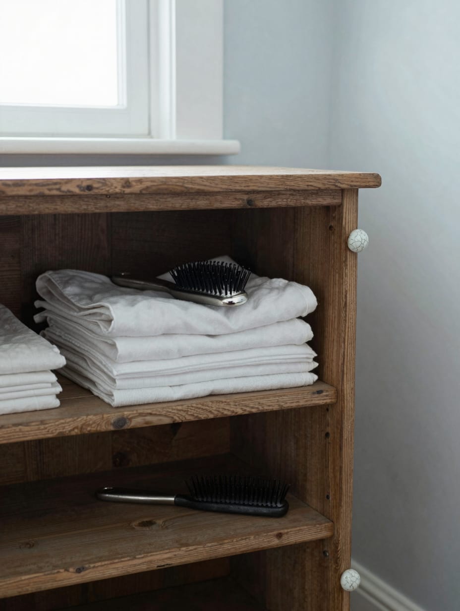 A narrow antique wood hutch filled with white towels and woven baskets in a bathroom corner.