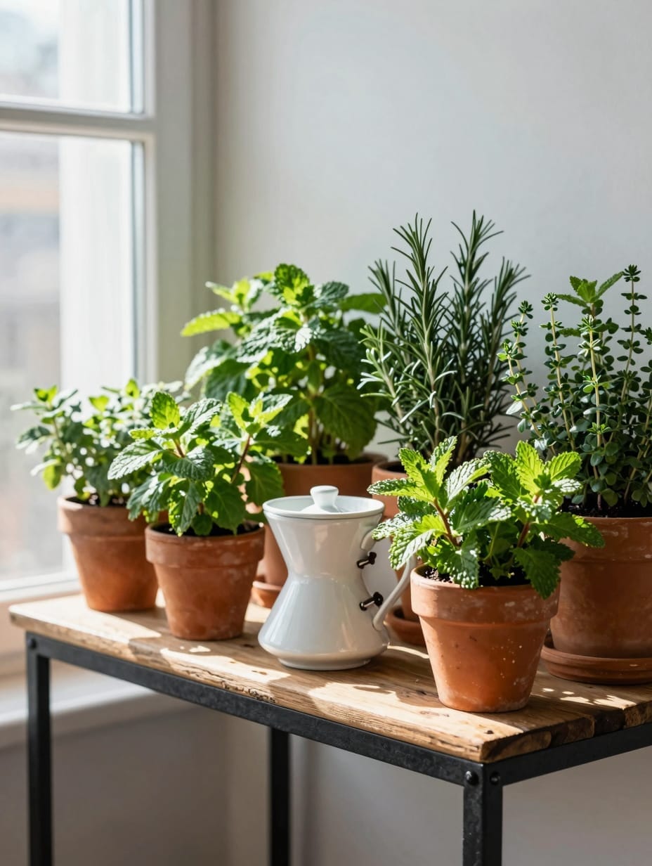 An herbal spring coffee bar with a small potted rosemary plant, a bundle of fresh lavender, and simple white ceramic mugs.