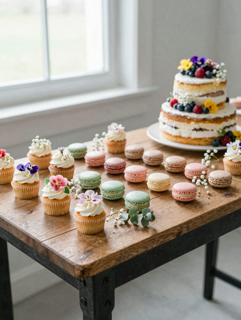 A beautiful dessert bar laden with cakes, cupcakes, and cookies, all decorated with fresh blooming flowers.