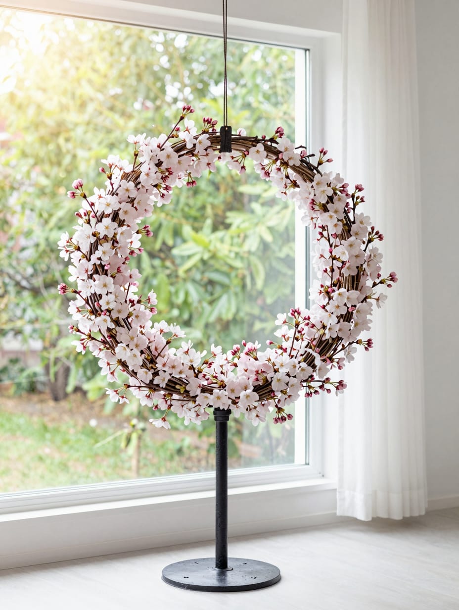 Archway made of pink cherry blossom branches with small green leaves.