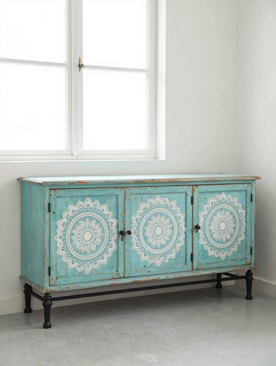 A wooden sideboard painted with colorful, free-spirited folk art patterns and floral designs.