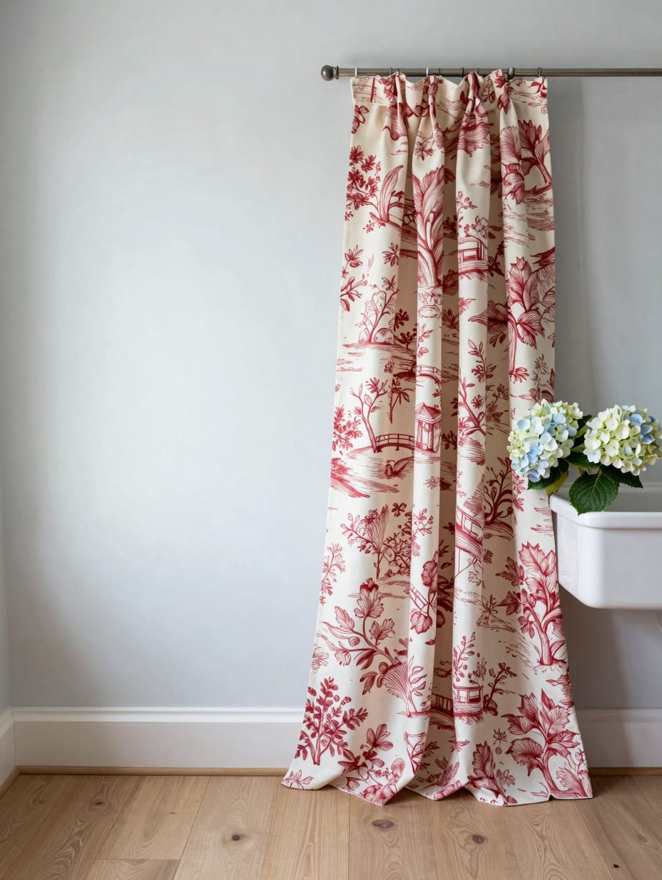 Kitchen window adorned with vintage French country toile curtains, intricate blue and white pattern.