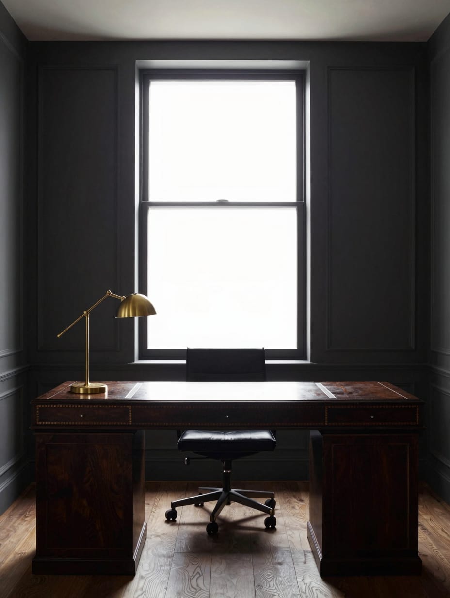 An opulent Art Deco home office with a geometric desk, velvet chair, and brass accents, exuding 2026 elegance.