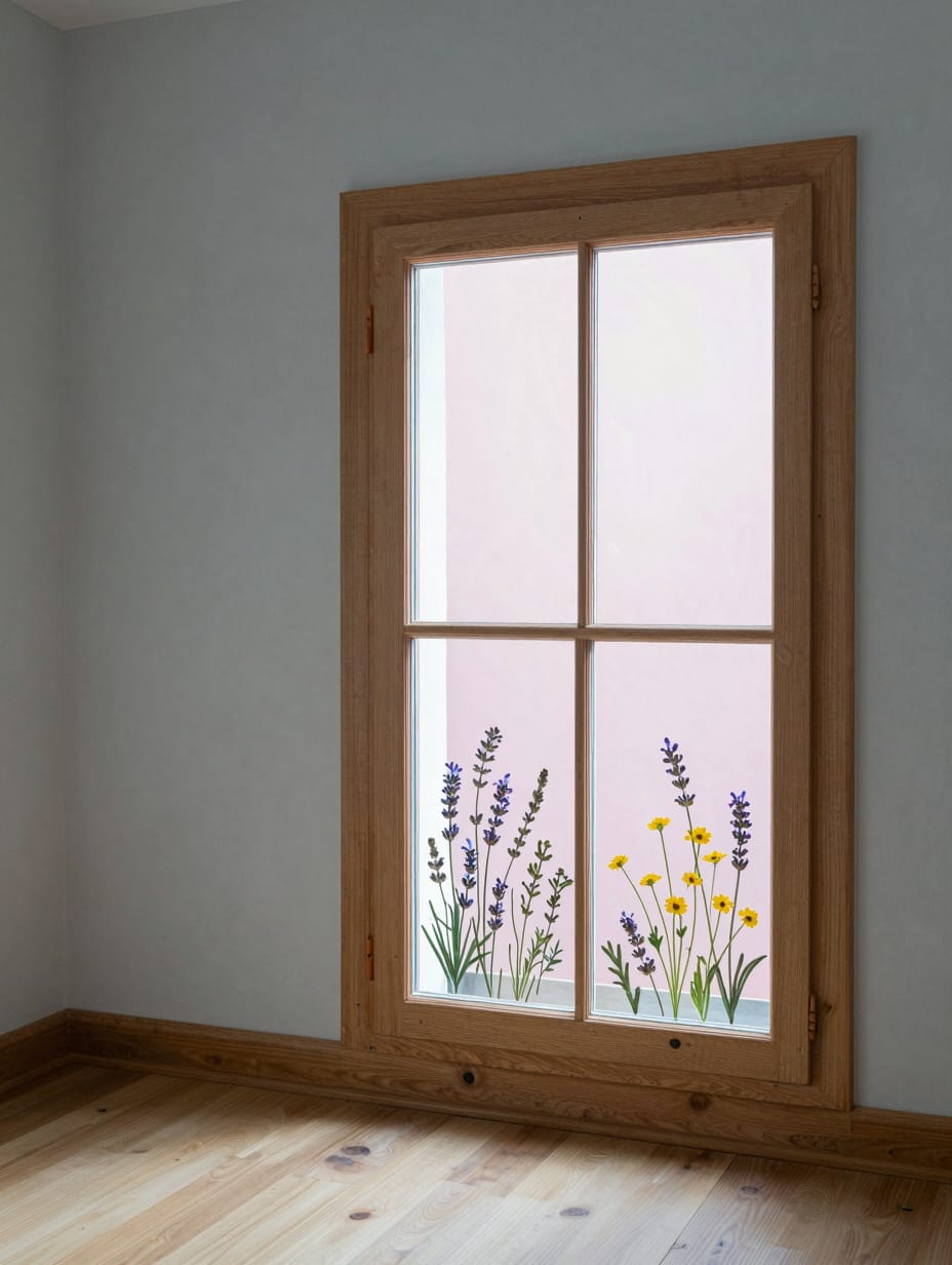 Pressed purple wildflowers inside a transparent glass frame hanging on a bathroom wall.