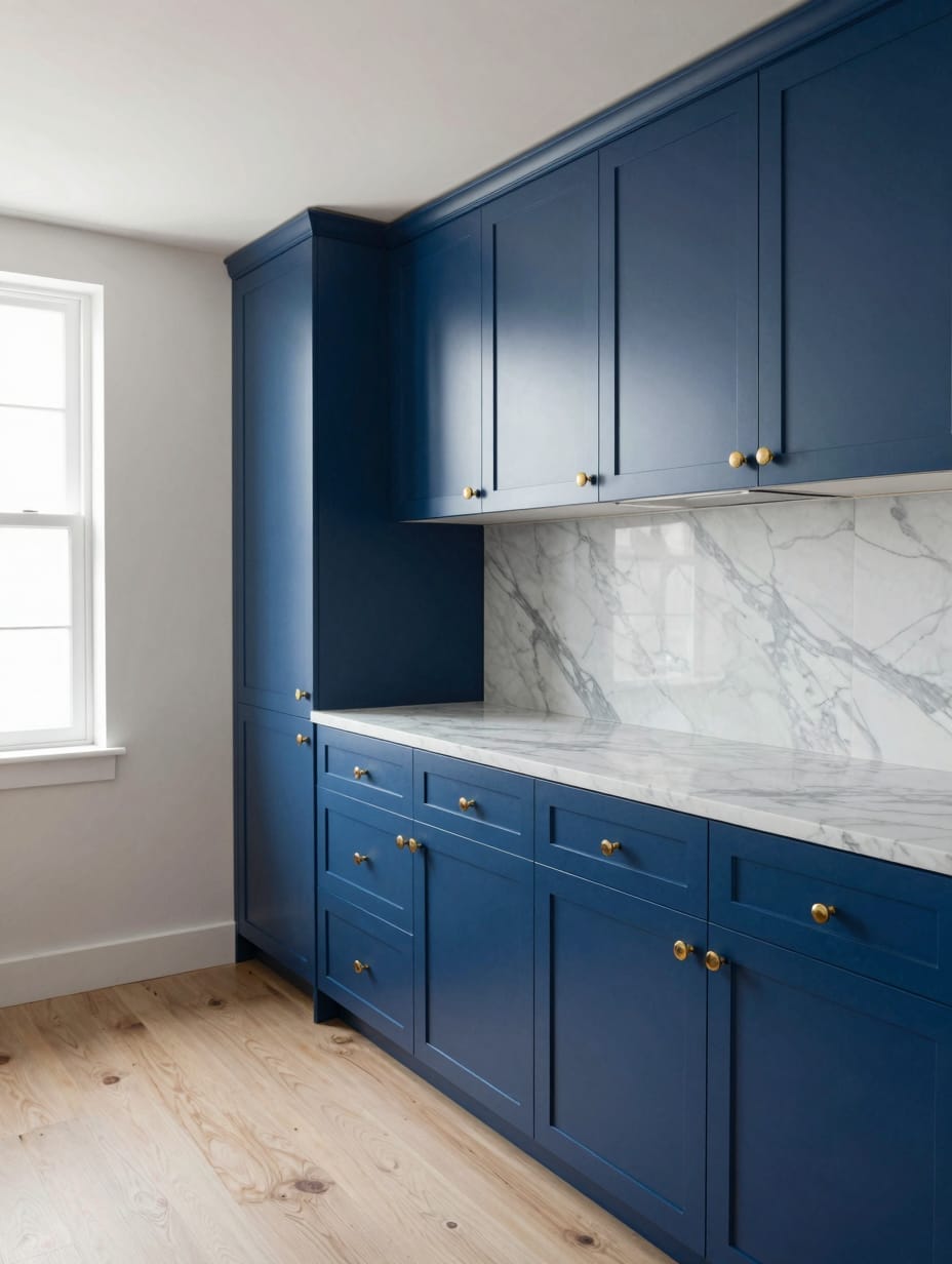 Kitchen with opulent sapphire blue cabinets and shiny gold pull handles.