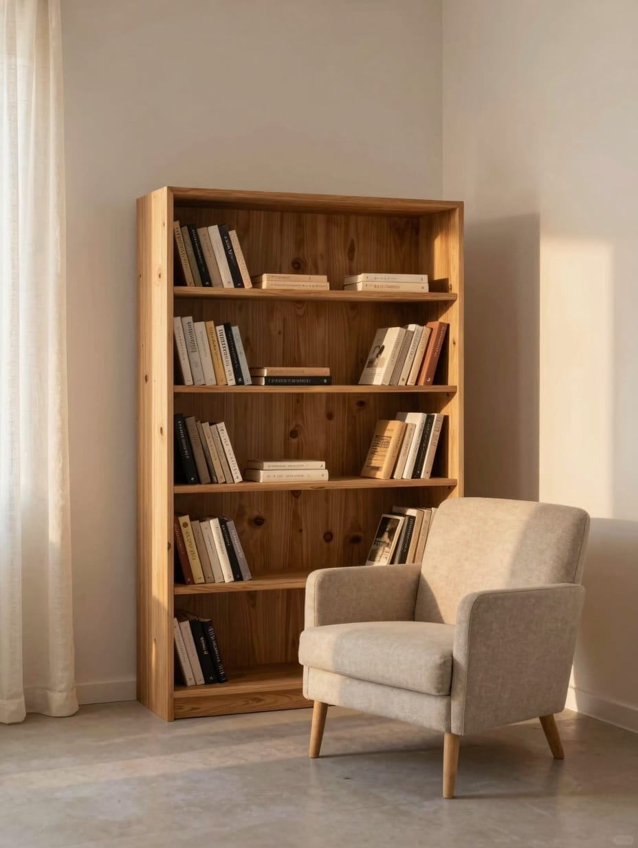 Open-backed bookshelf used as a room divider, filled with books and plants, separating a living space.