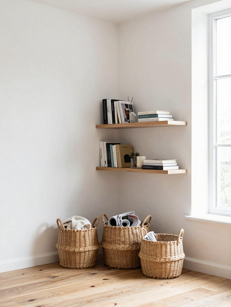 Woven wicker baskets tucked into a white shelving unit for organized storage.