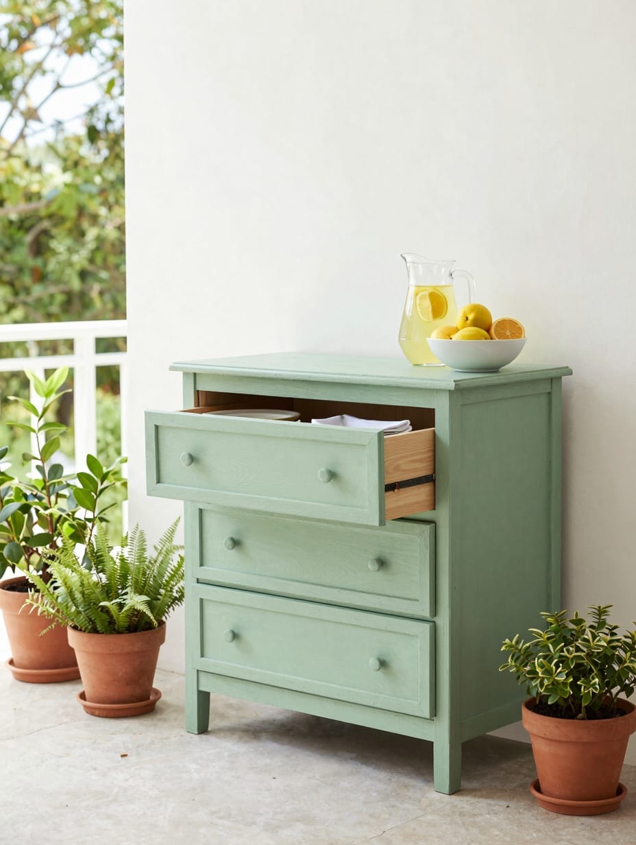 A vintage wooden dresser painted navy blue used as a food buffet on an outdoor deck.
