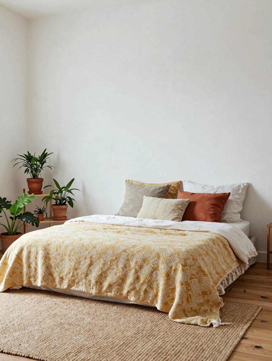 A boho bedroom featuring a butter yellow tasseled wall hanging, rattan, and green plants.