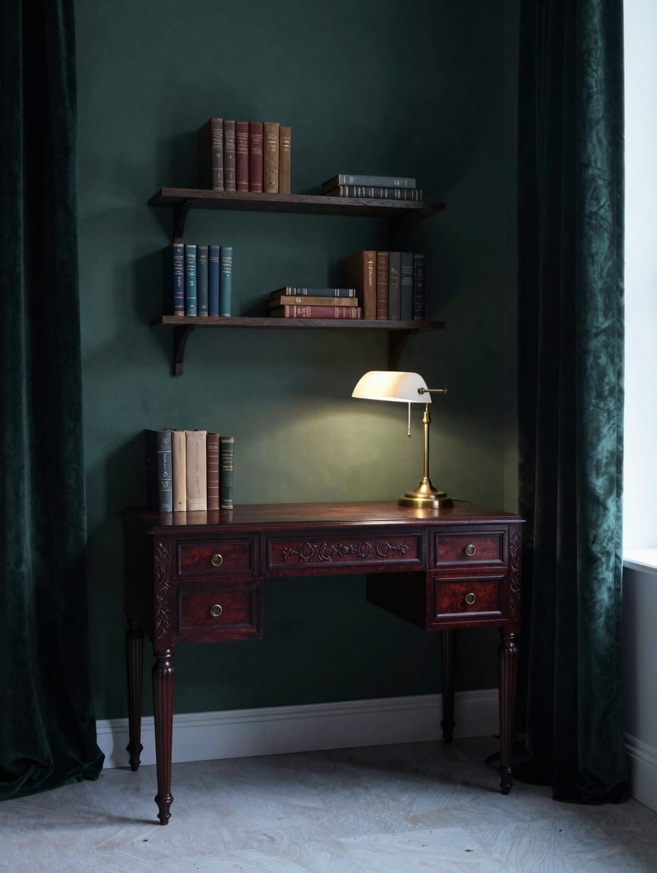Dark wood corner desk with vintage books, a desk lamp, and moody decor.