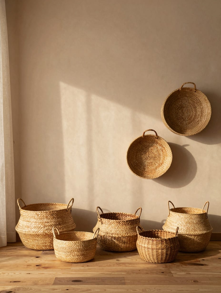 Wall adorned with an artful arrangement of rustic wicker baskets in various sizes.