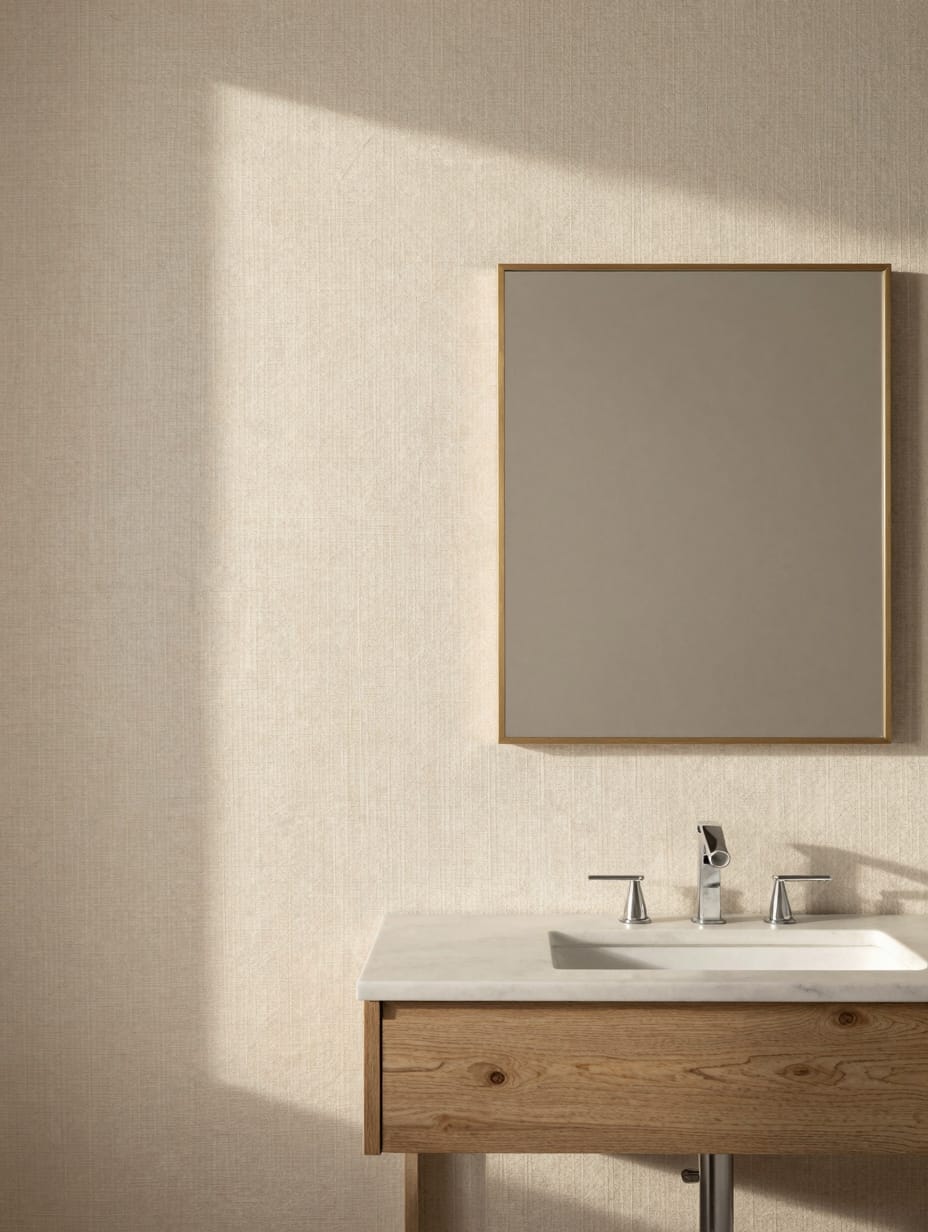 Bathroom wall covered in a subtle, textured wallpaper with a neutral pattern.