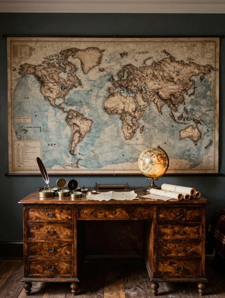 Dark bedroom featuring a large antique world map on the wall above a wooden desk.
