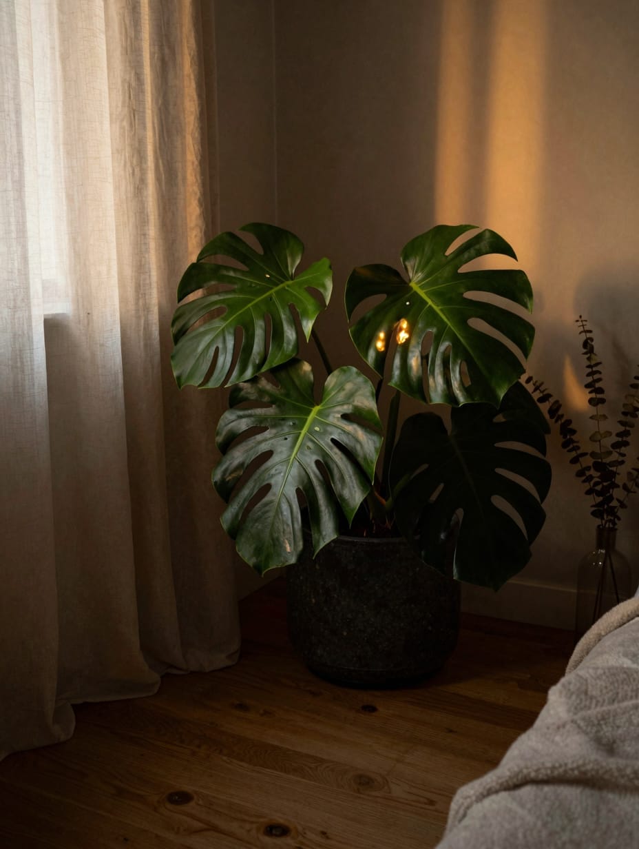 Lush green plants including a Snake Plant and Monstera in a dark, moody bedroom corner.