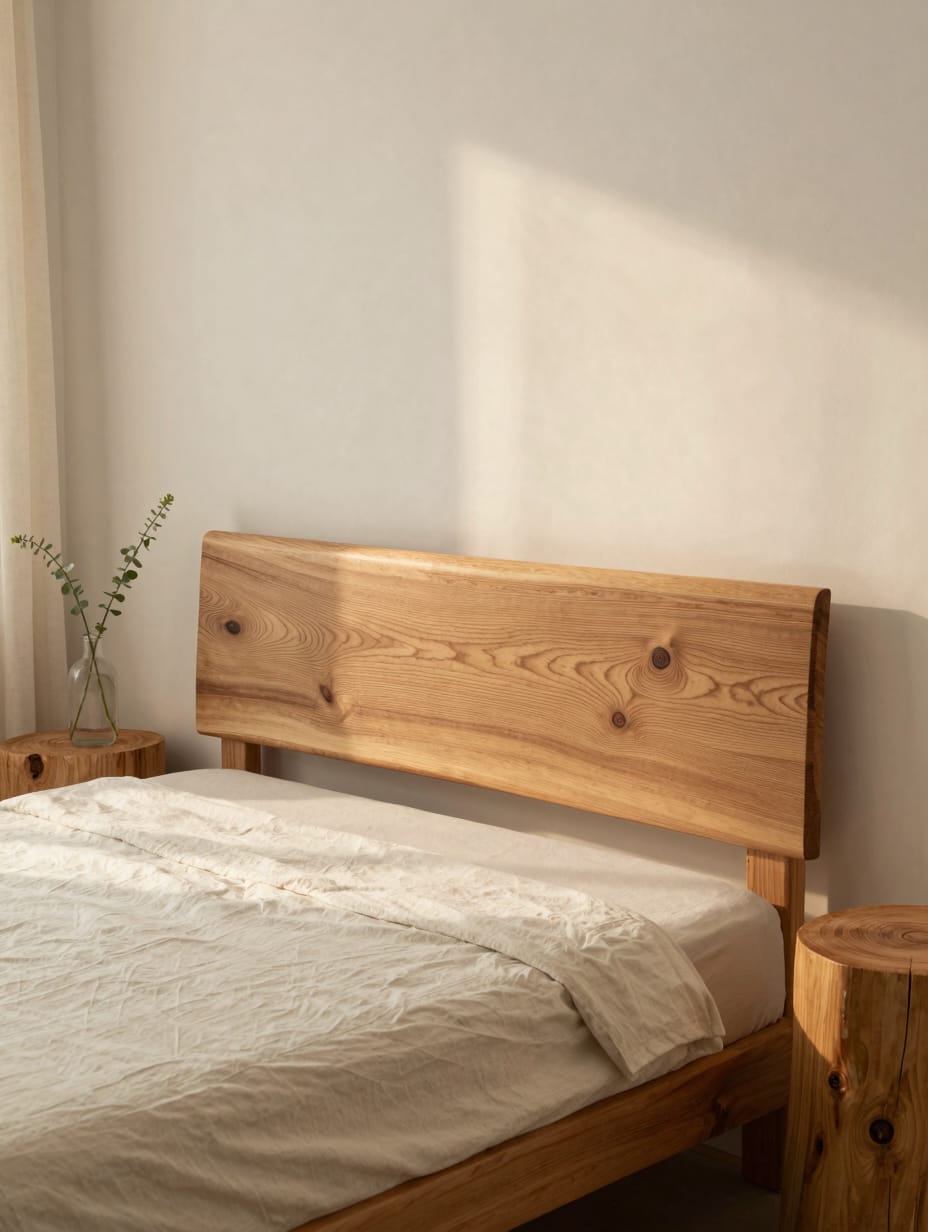 Reclaimed wood headboard showing natural grain in an earthy cozy bedroom.