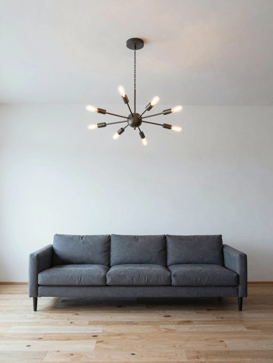 Eclectic living room with a striking statement chandelier as a focal point.