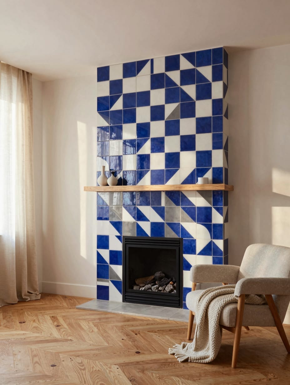A fireplace featuring a striking geometric tile design in charcoal and cream, from hearth to mantel.