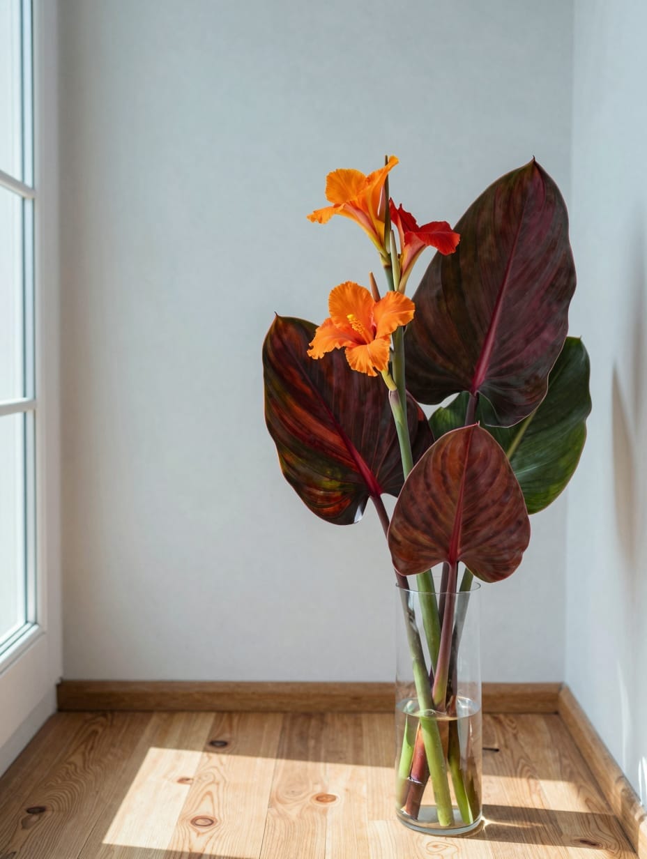 Tropical garden bed with orange hibiscus flowers and large green canna lily leaves in the sun.