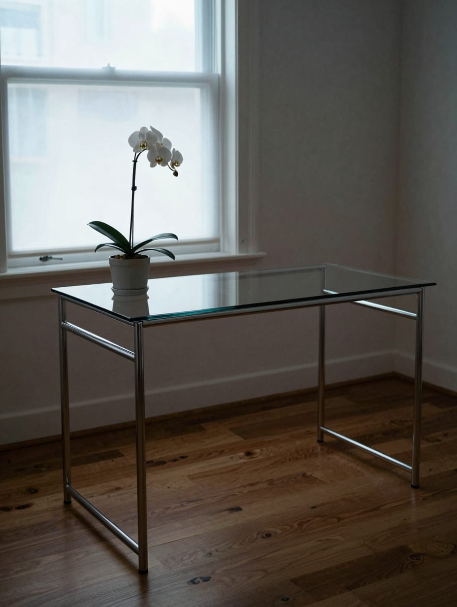 Elegant glass corner desk with chrome legs, holding a sleek monitor and a small modern accessory.
