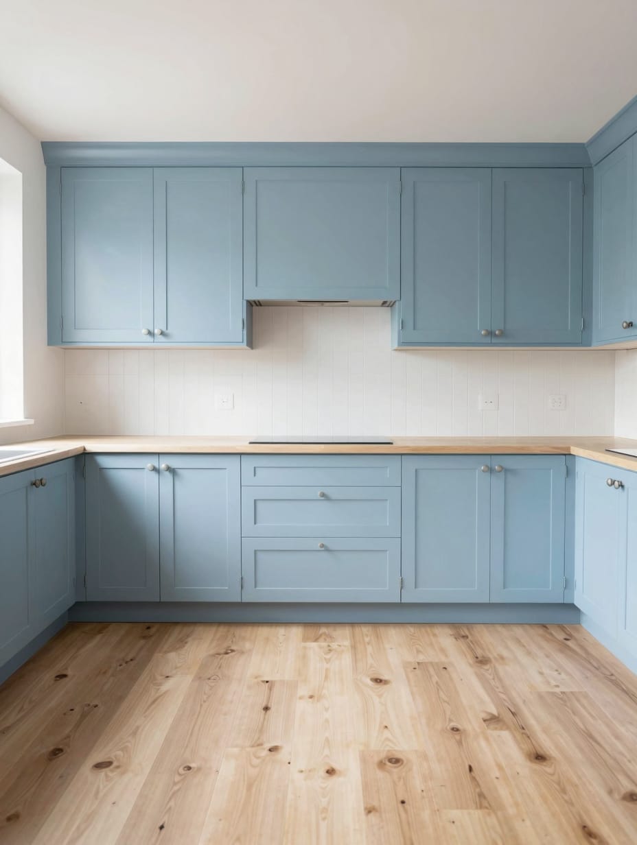 Bright kitchen with light powder blue cabinets and white subway tile backsplash