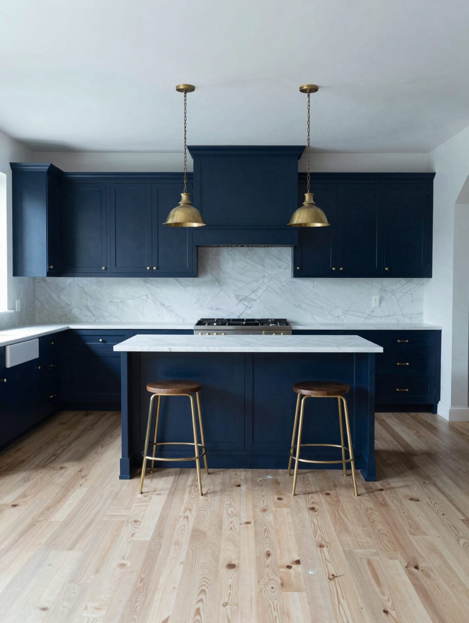 A sophisticated kitchen with navy blue cabinetry and polished brass hardware, featuring clean lines.