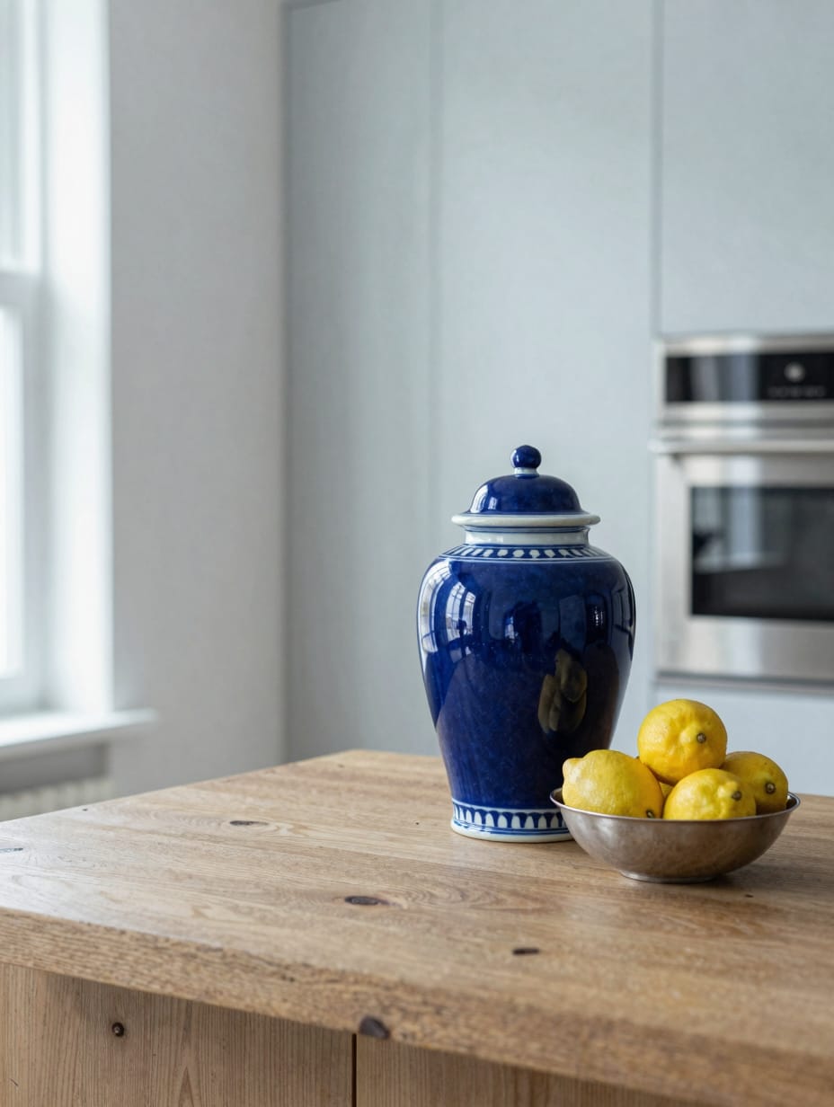 A blue and white floral ginger jar standing on a white kitchen island.