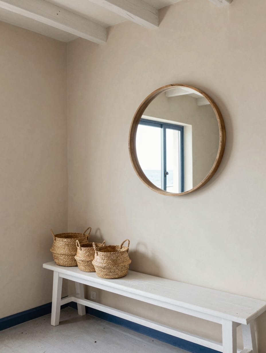 Light blue laundry room with sandy beige floor tiles and coastal decor.