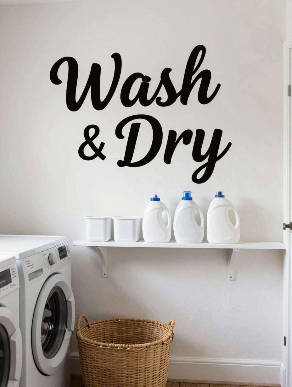 A modern laundry room with white cabinets, a wood counter, and a bold botanical wall decal adding a touch of personality t...