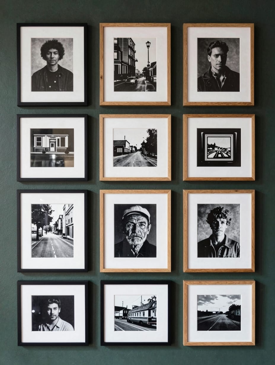A curated gallery wall with various frame styles and abstract art prints.