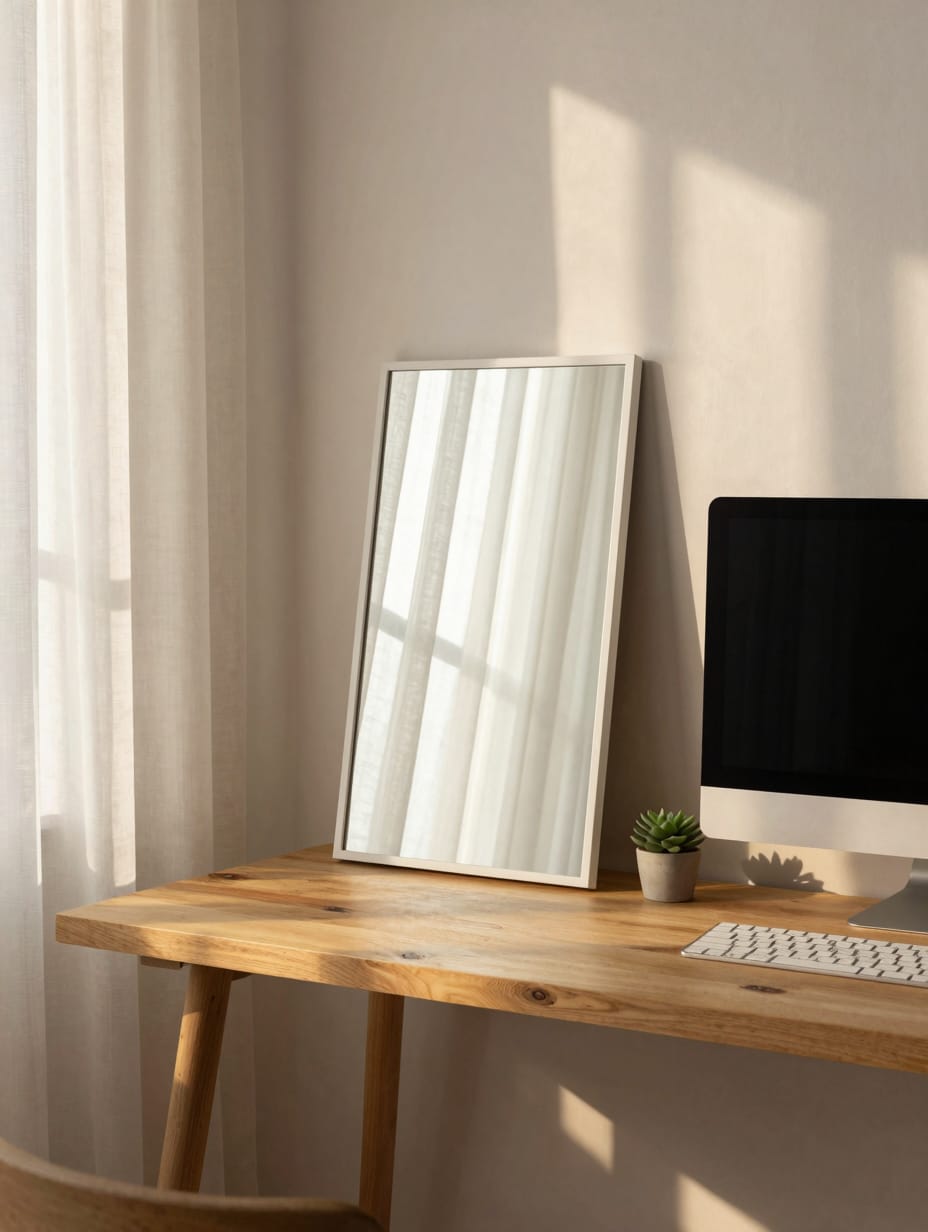 Bright home office with a sleek mirror behind a desk, boosting focus