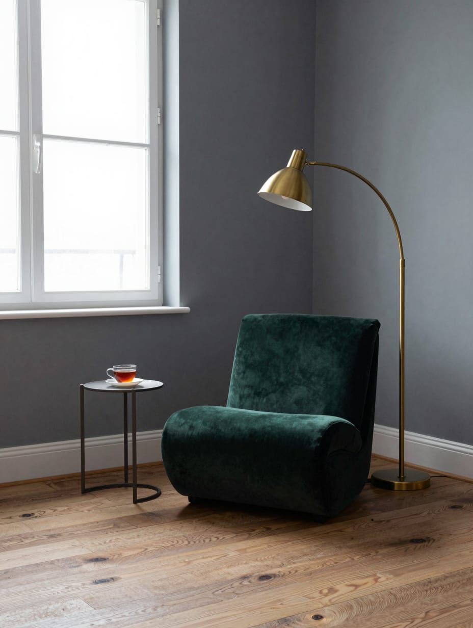 A curated corner of a modern minimalist living room, featuring a cozy armchair, a small side table, and a potted plant.