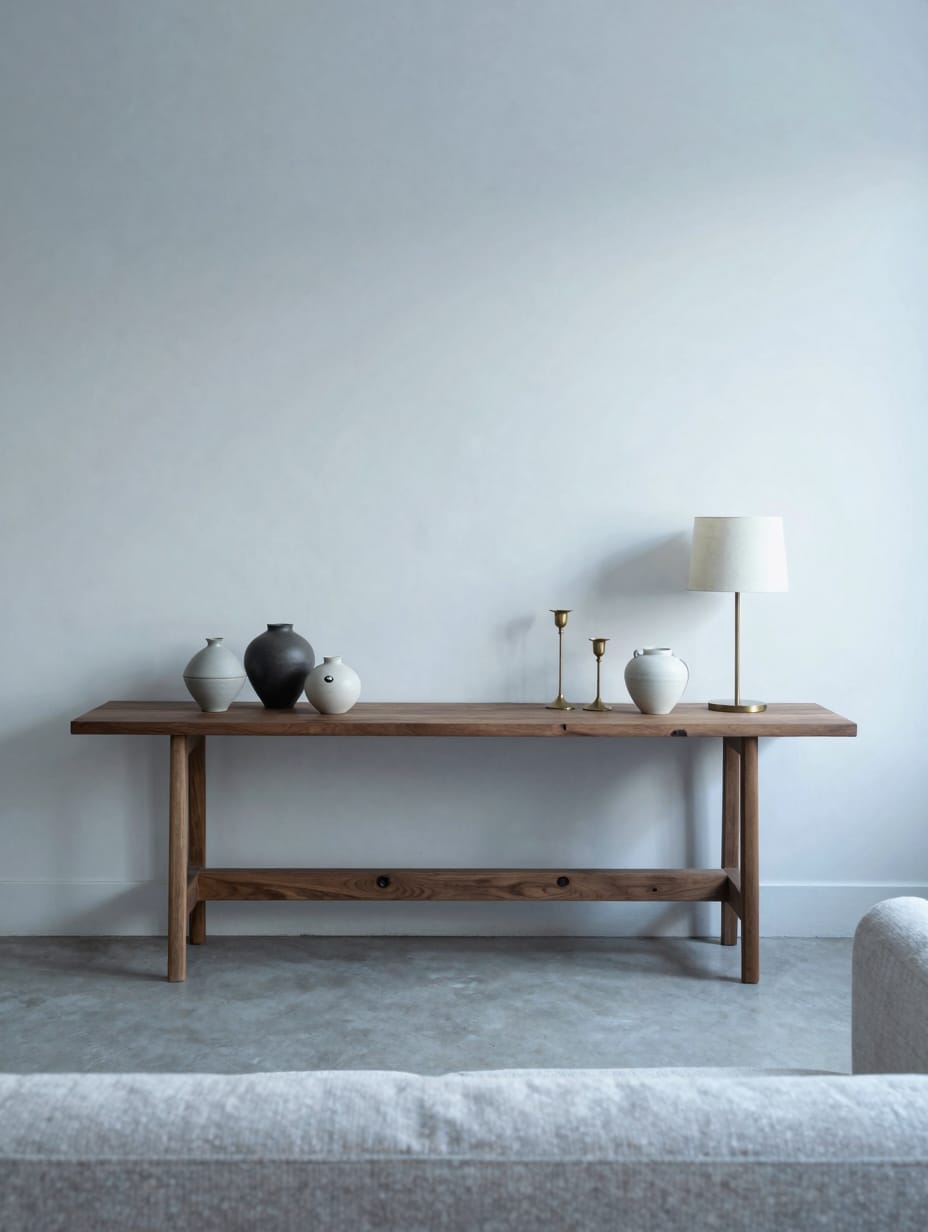 Slim wooden console table placed behind a sofa to display decor and lamps.