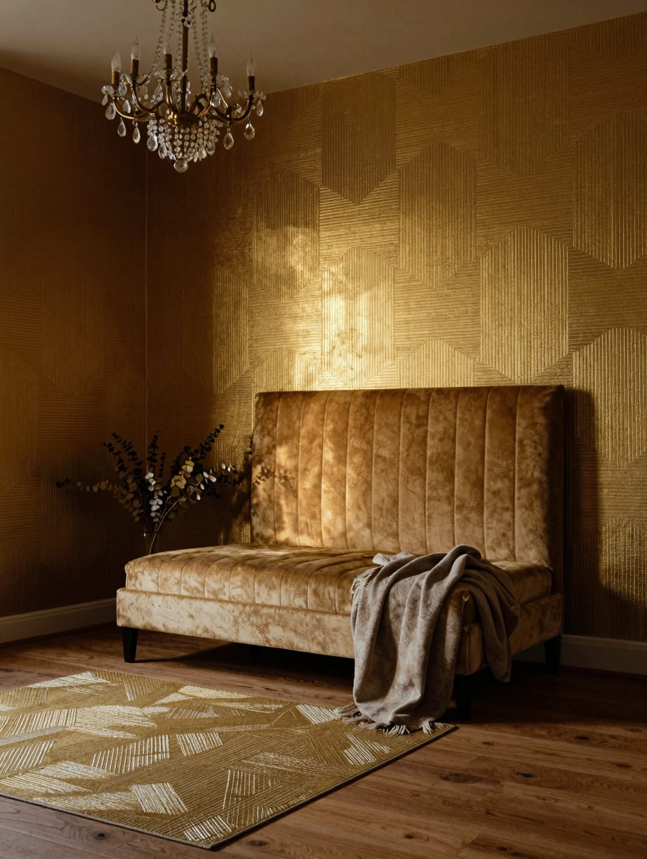 A glamorous Art Deco bedroom featuring geometric pattern wallpaper and textiles in a bold, luxurious style.