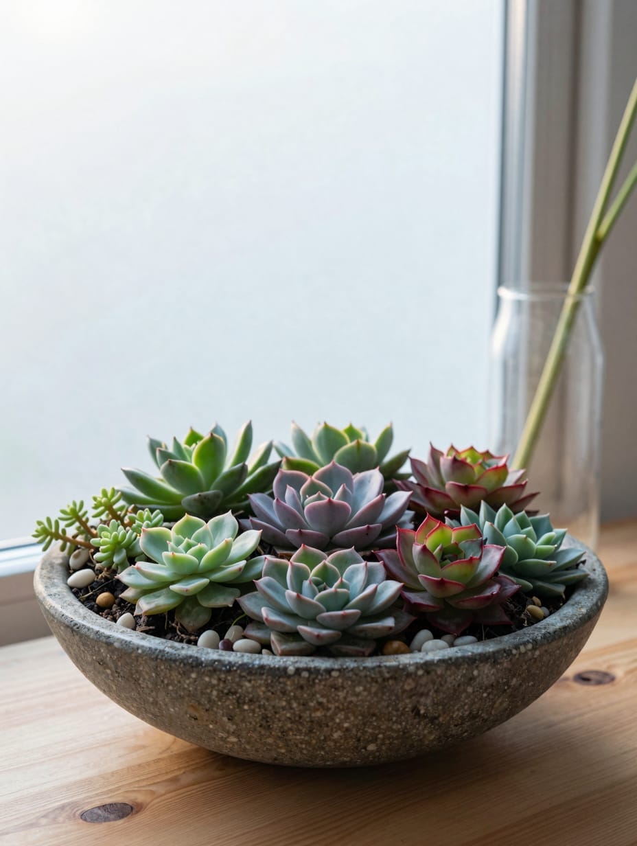 Shallow bowl planter filled with various green and red succulent plants on a porch.