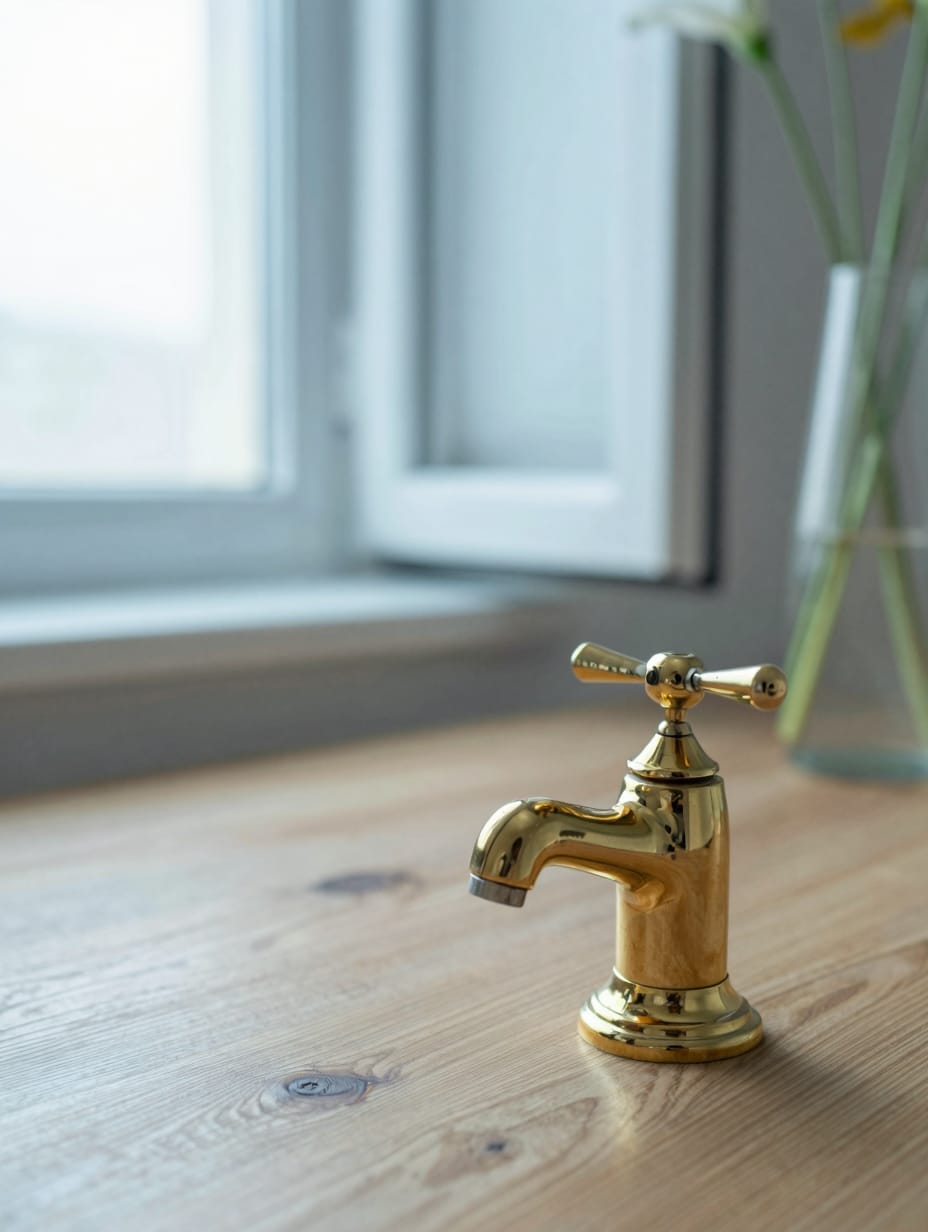 Close-up of a new polished brass faucet and coordinating drawer pull on a white vanity.