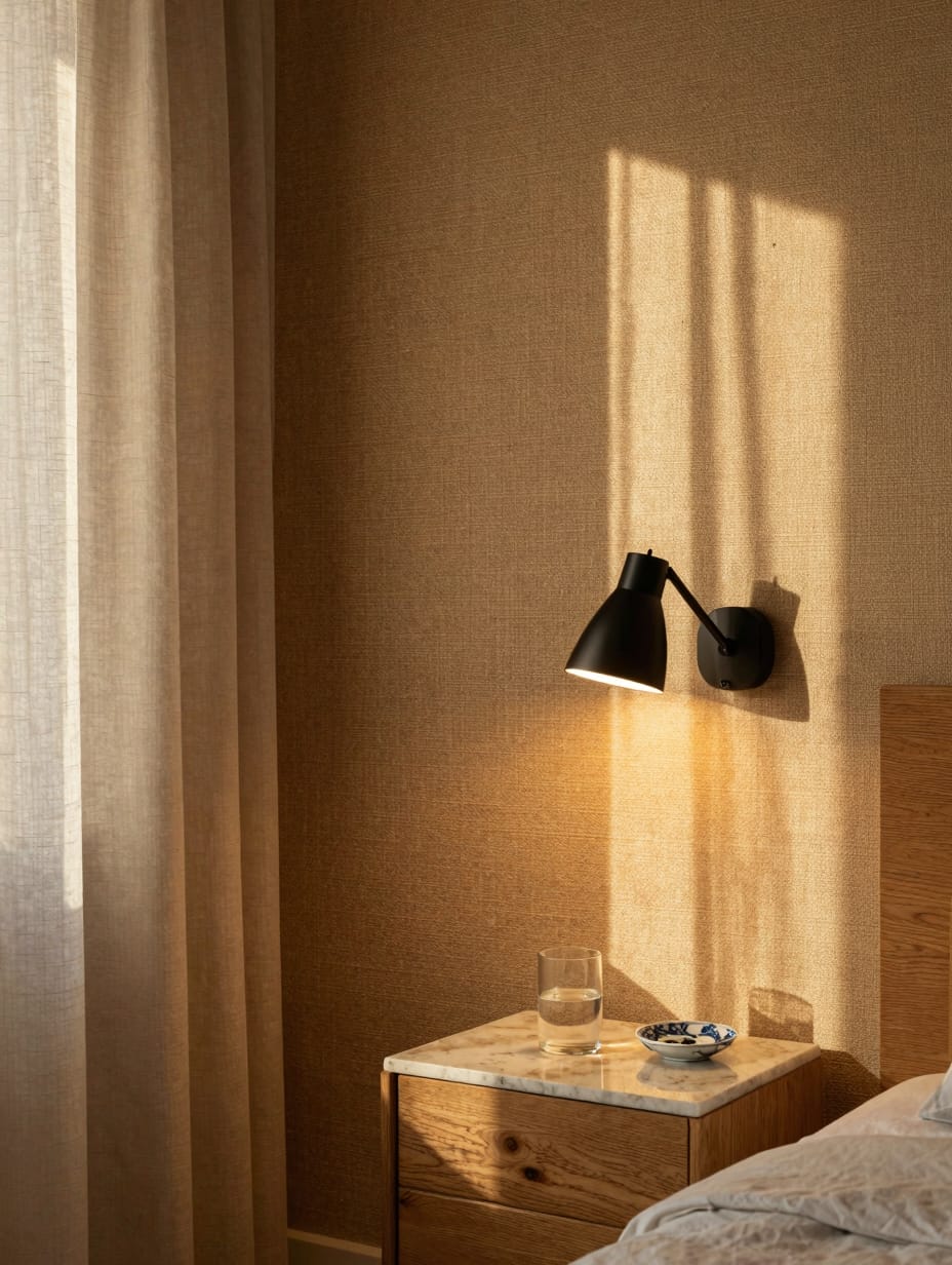 Black metal wall sconce mounted above a small wooden nightstand.