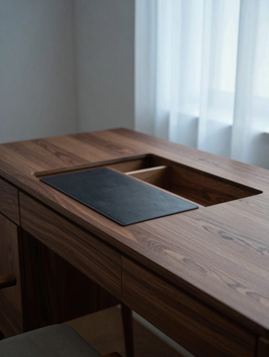 A modern white desk with integrated drawers and hidden cable management, set against a light wall.