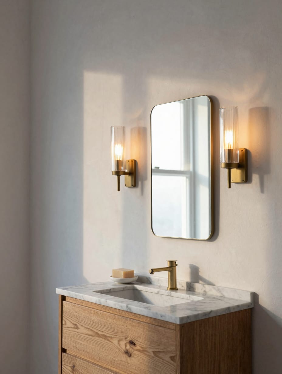 Two antique brass wall sconces with fluted glass shades flanking a bathroom mirror.