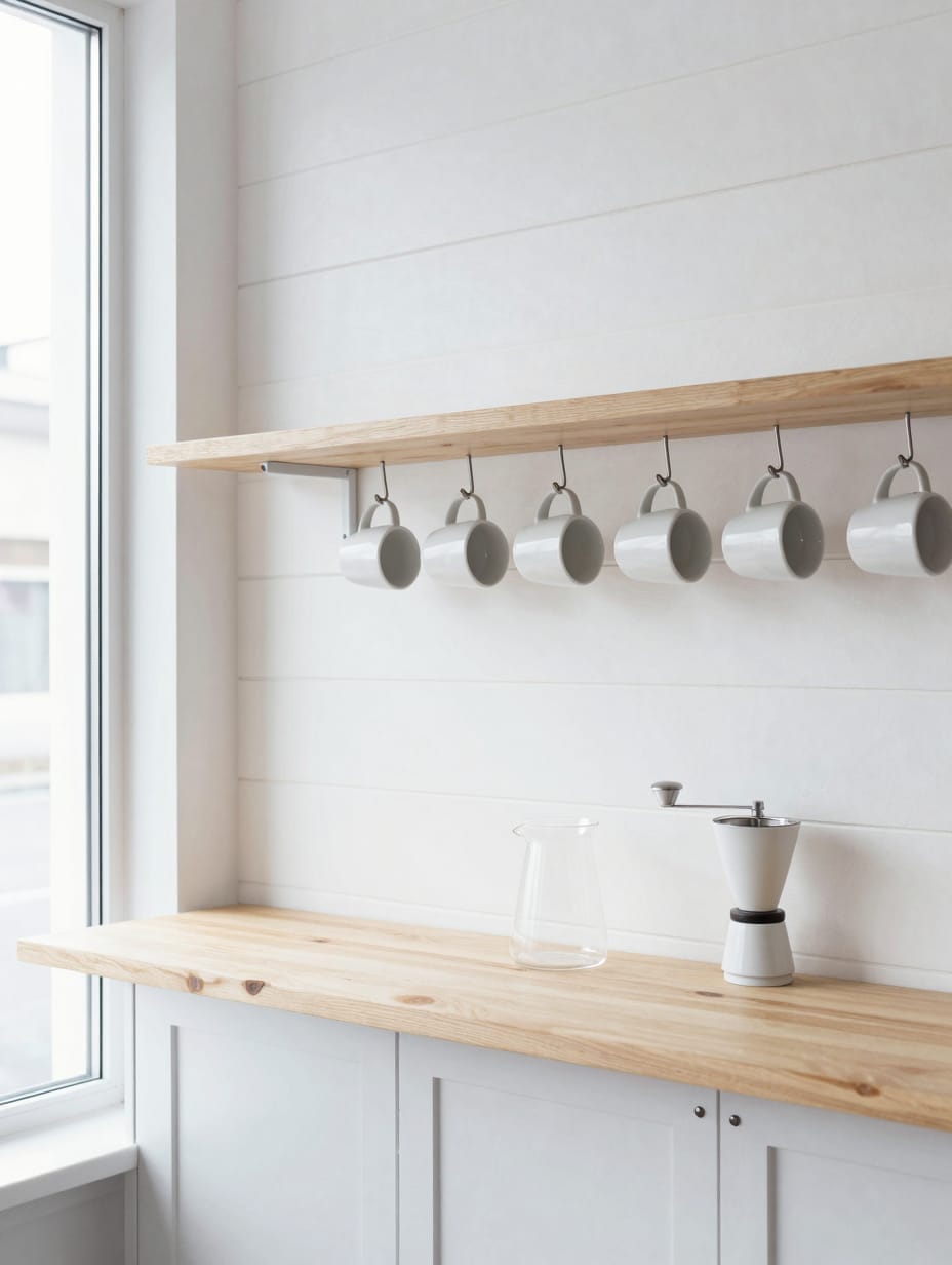 A Nordic-style spring coffee bar with crisp white mugs, a pale wooden tray, and a simple white ceramic sugar bowl on a cle...